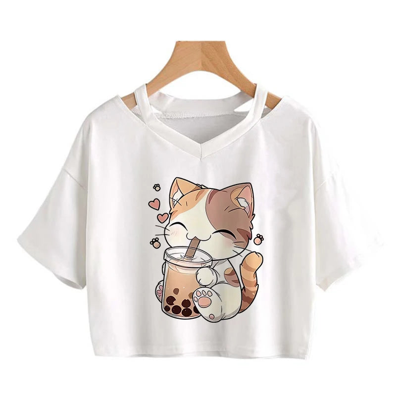 Orange Tabby Cat Graphic Cropped T-Shirt