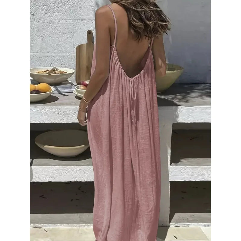 Women's Loose V Neck Spaghetti Strap Maxi Dress For Casual Outfits