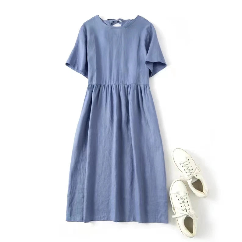 Women's Cotton-Linen Round-Neck Short-Sleeve Loose A-Line Midi Dress with Pockets for Summer