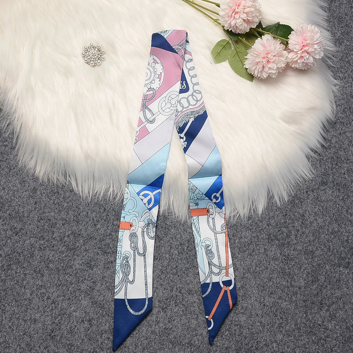 Horse Motif Skinny Ribbon Scarf with Printed Designs