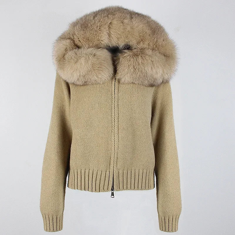 Women's Hooded Zip Front Fluffy Trim Jacket Casual Knit Layer