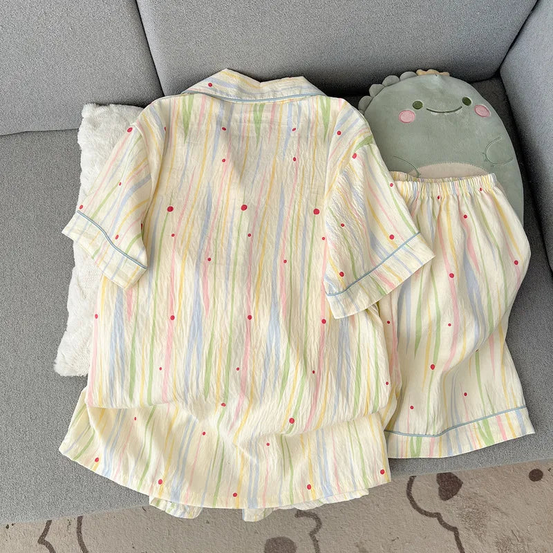 Women's Printed Short Sleeve Button Front Pajama Set with Top and Shorts