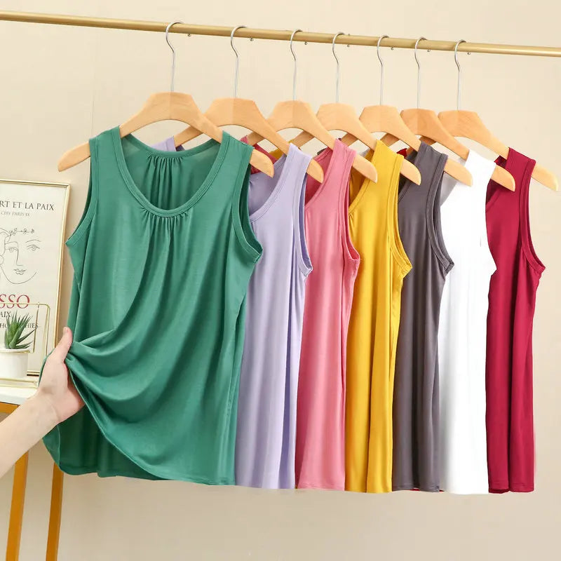 Women's Gathered Neck Polyester Modal Tank Top with Loose Sleeveless Fit