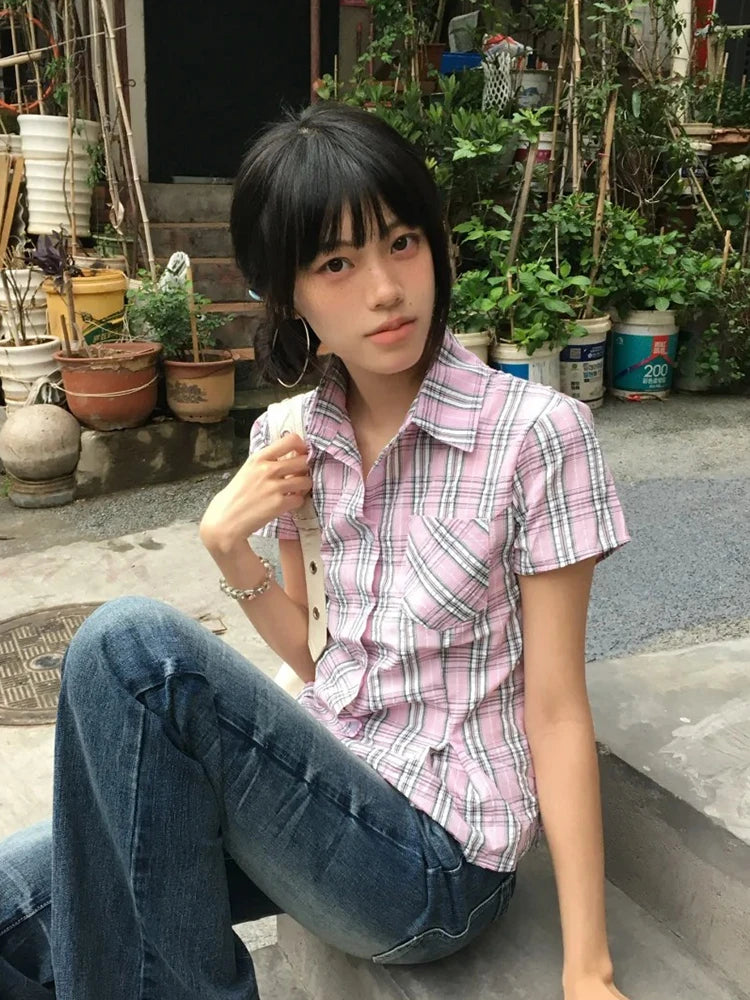 Women's Checked Collared Short Sleeve Shirt