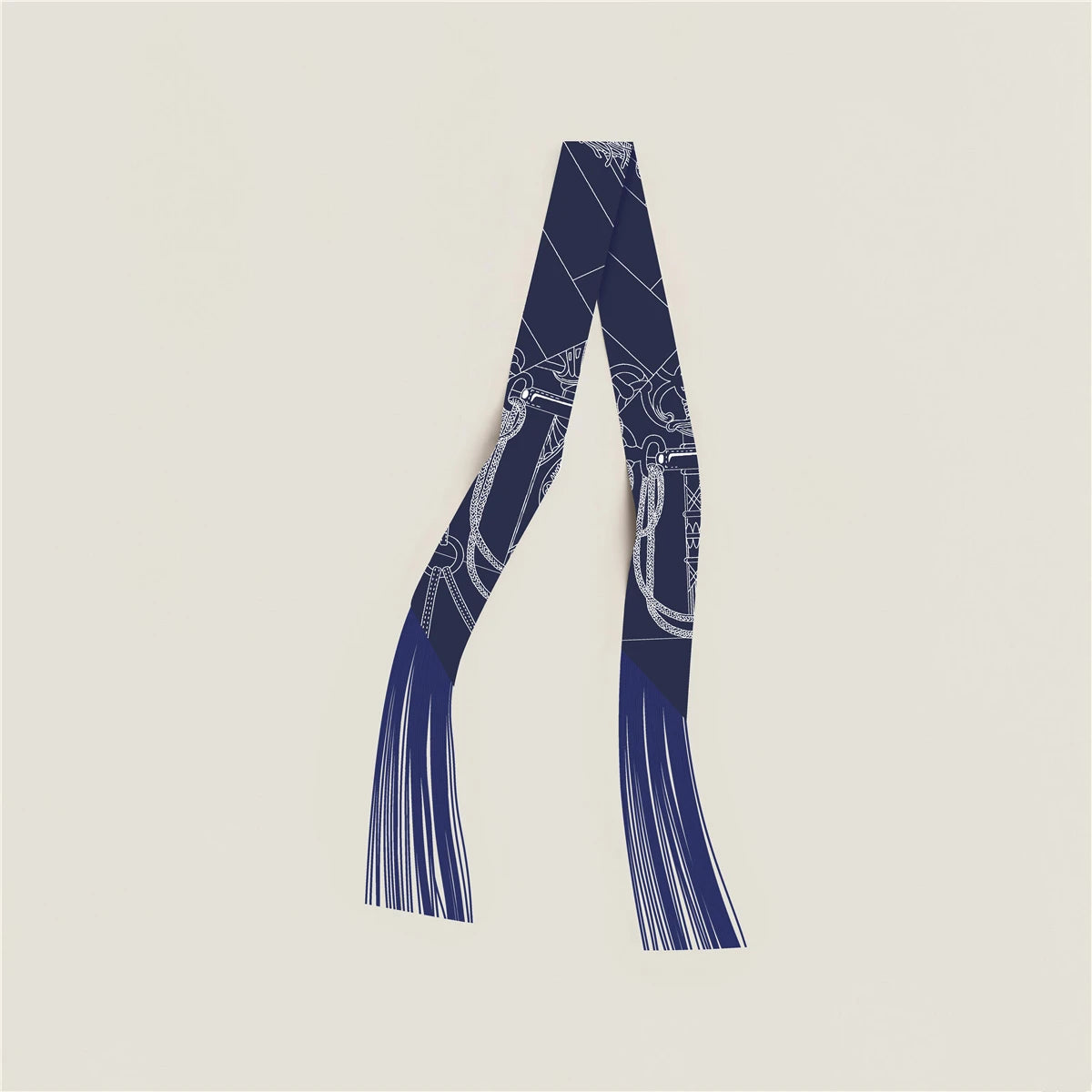 Printed Narrow Ribbon Scarf with Decorative Fringed Ends