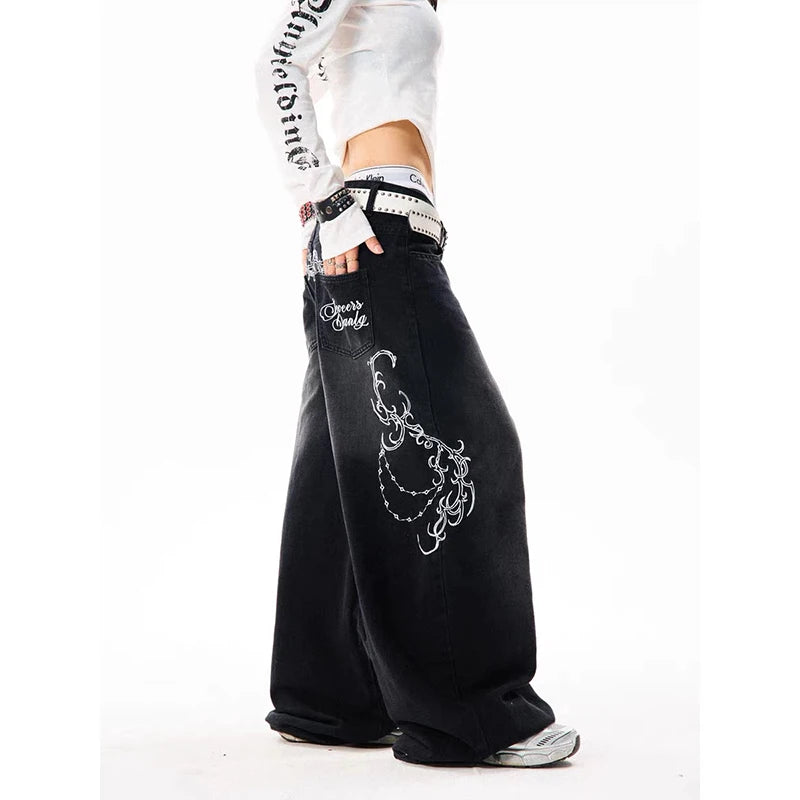 Women's Black Graphic Wide Leg Denim Jeans For Everyday Outfits