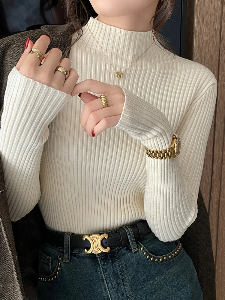 Women's Ribbed Mock Neck Long Sleeve Sweater Casual Knit Layer
