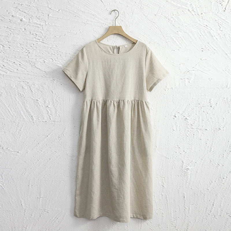Women's Cotton-Linen Round-Neck Short-Sleeve Loose A-Line Midi Dress with Pockets for Summer