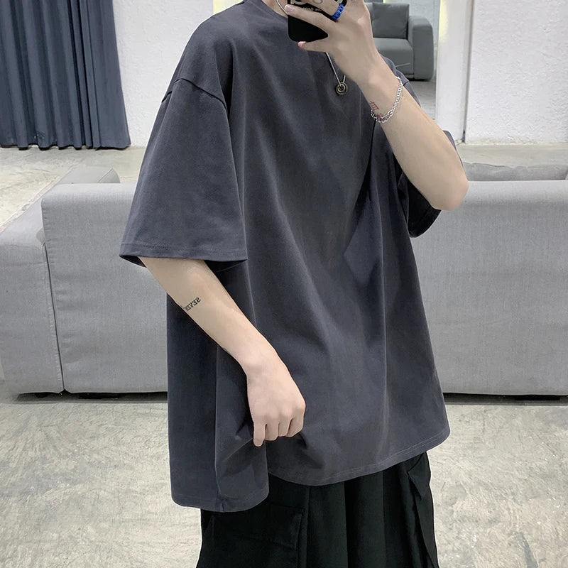 Solid Crew Neck Short Sleeve Loose Casual T Shirt