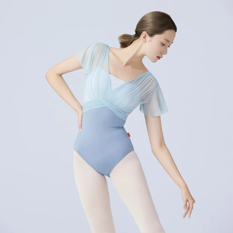 Women's Short Sleeve Ballet Leotard with Pleated Bodice and Contrast Panels