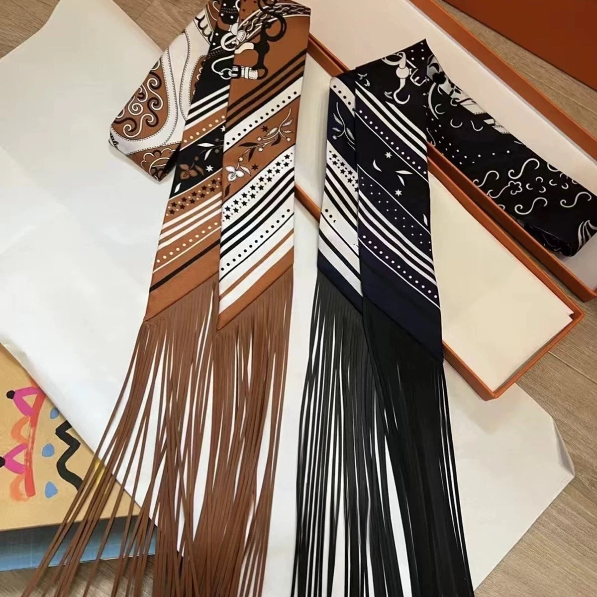 Printed Narrow Ribbon Scarf with Decorative Fringed Ends
