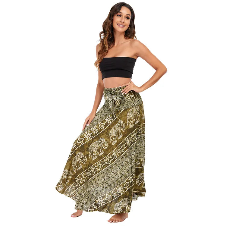 Women's Printed Nylon Harem Pants with Smocked Waist and Convertible Styling