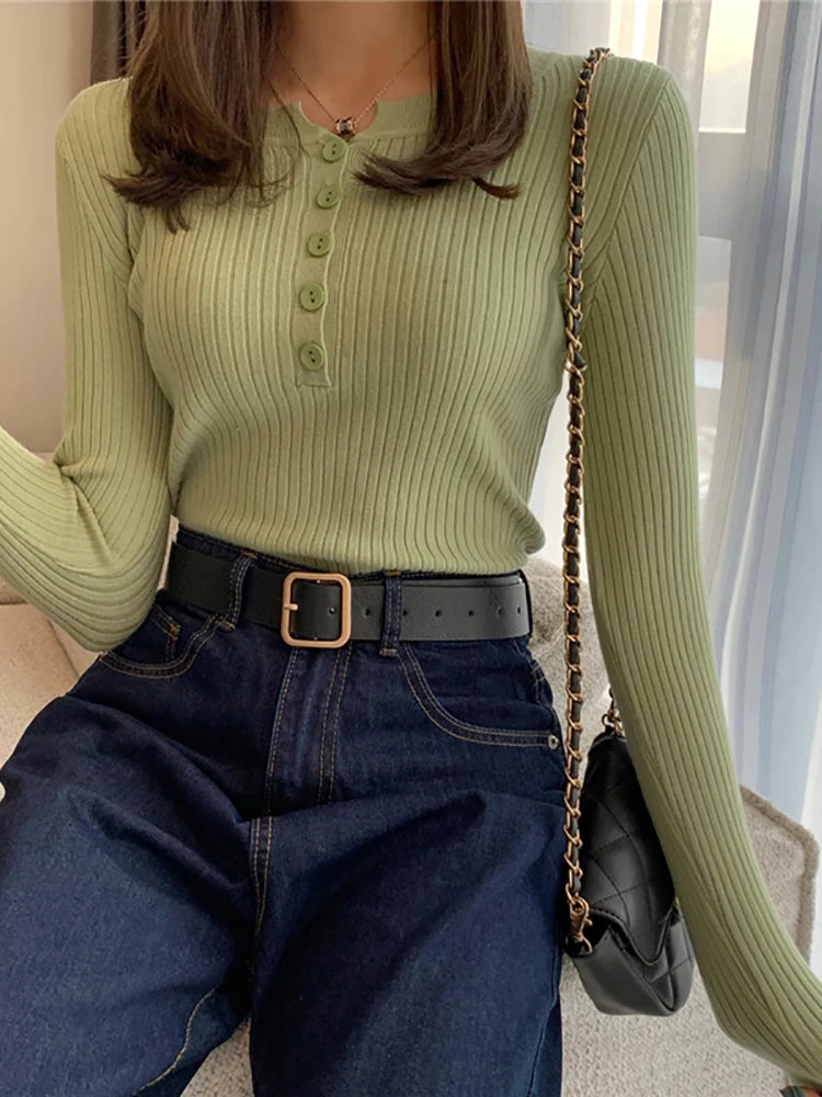 Women's Henley Short Placket Fitted Rib Sweater Casual Knit Layer