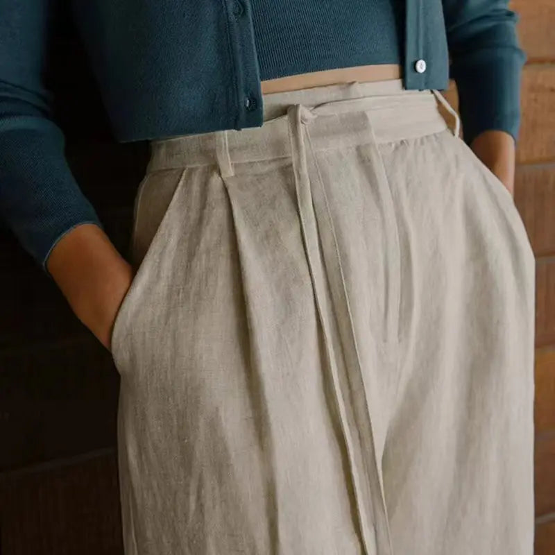Women's Linen High-Waist Wide-Leg Pants with Tie Detail for Casual Everyday Outfits