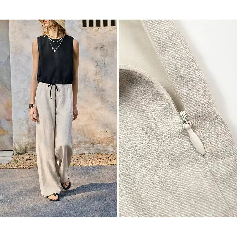 Women's Linen Loose Straight-Leg Pants with Drawstring Waist for Casual Daily Wear