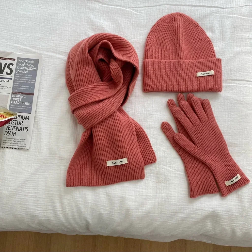 Women's Solid Knitted Hat Scarf and Gloves Set for Winter Wear