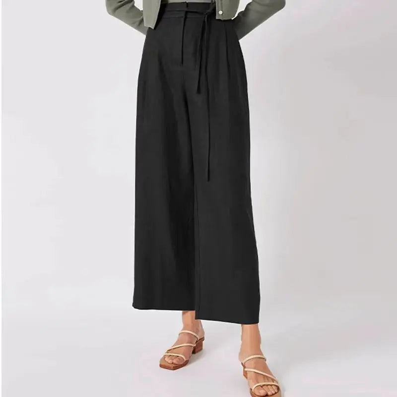 Women's Linen High-Waist Wide-Leg Pants with Tie Detail for Casual Everyday Outfits