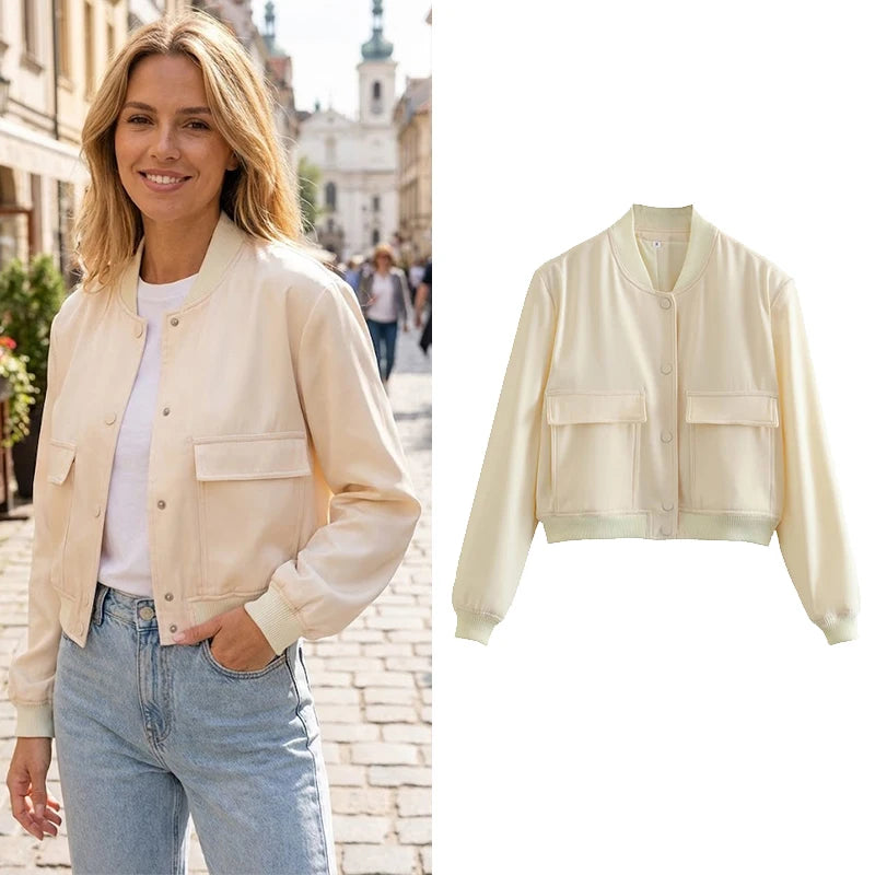 Women's V-Neck Button-Front Bomber Jacket