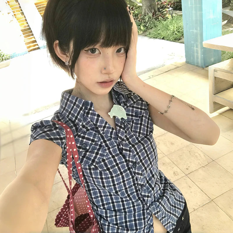 Women's Checked Collared Short Sleeve Shirt