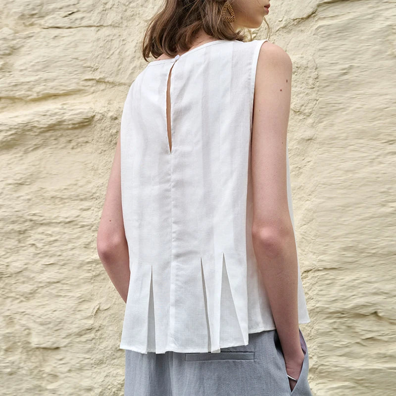 Women's Linen-Viscose Sleeveless Tank Top with Pleated Hem for Casual Summer Outfits