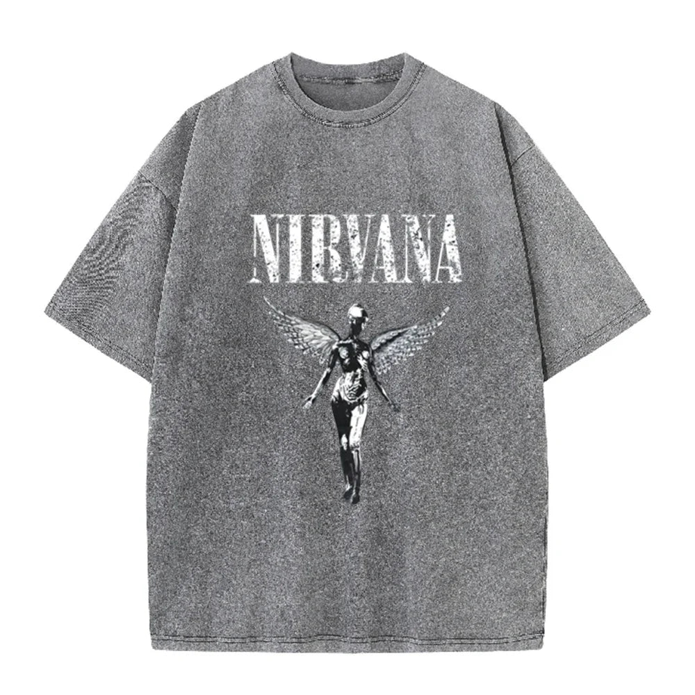 Vintage Distressed Washed Tee Nirvana Grunge Rock Silver Angel Skeleton Print Loose Fit Short Sleeve T Shirts