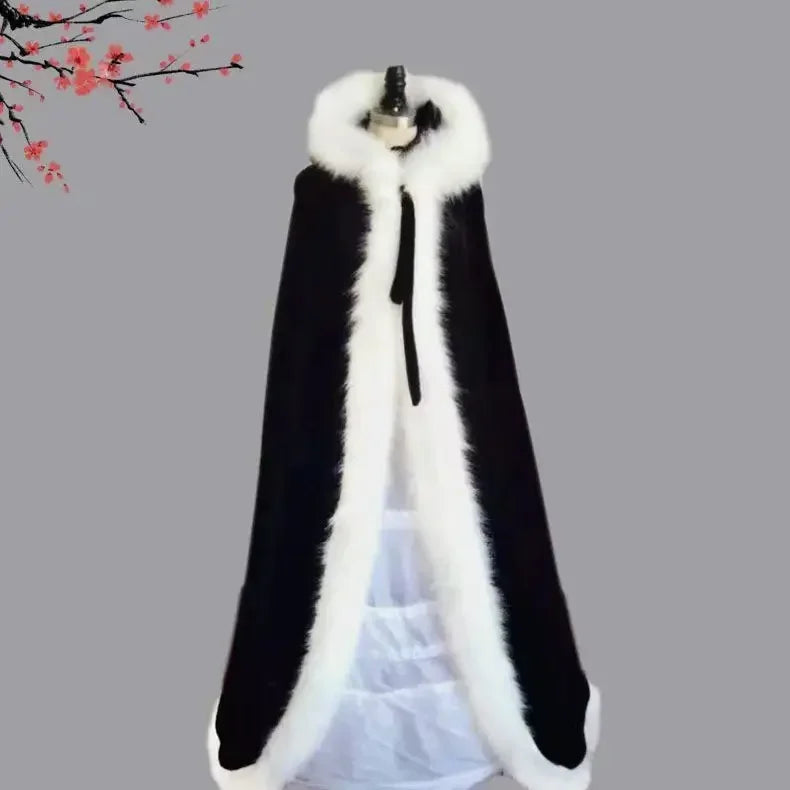 Long Hooded Plush Trim Cape for Layering over Outfits