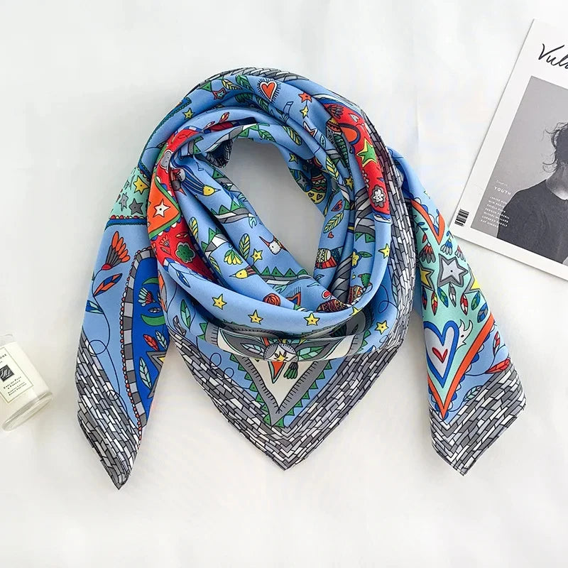 Printed Large Square Scarf with Decorative Border Designs