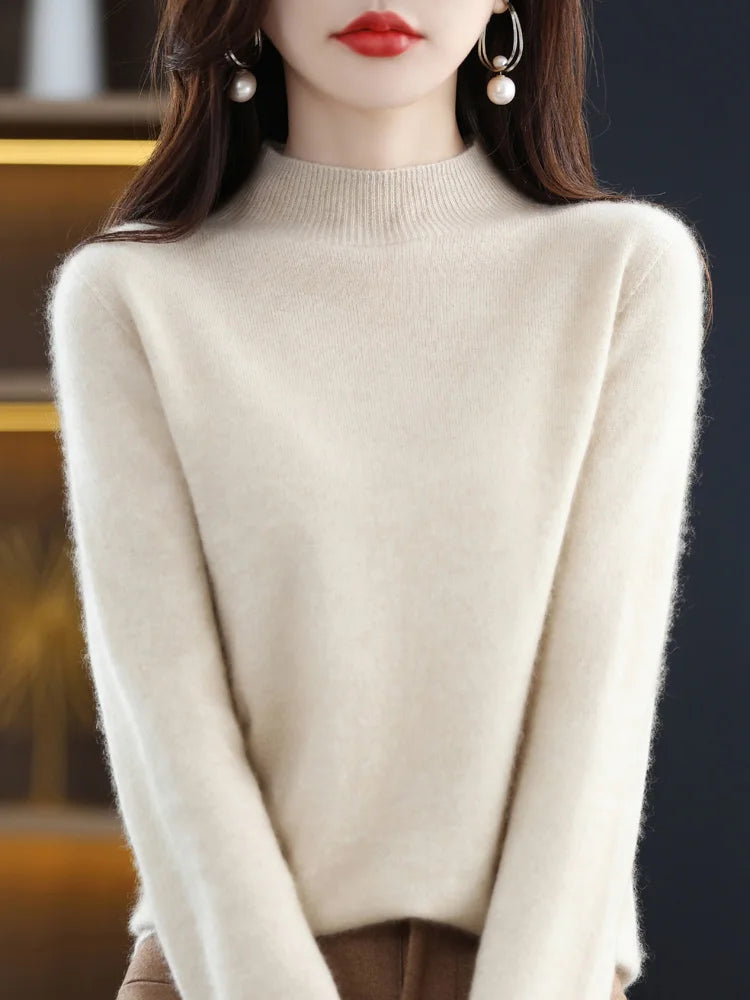 Women's Plain Mock Neck Long Sleeve Sweater Casual Knit Layer
