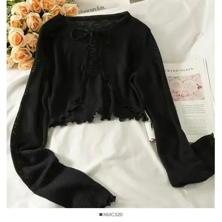 Women's Tie Front Cropped Long Sleeve Cardigan Casual Knit Layer