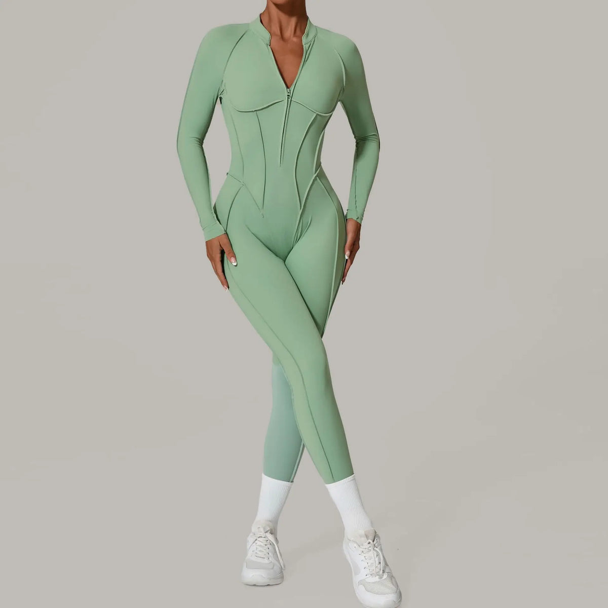Women's Zip Front Contour Seam Workout One Piece in Long and Short Styles