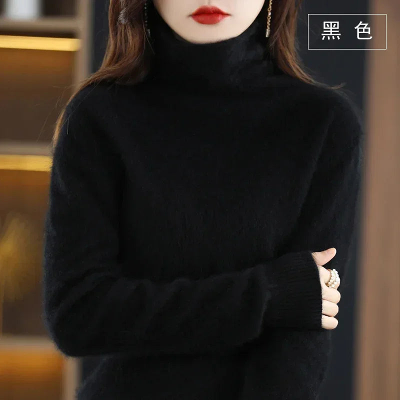 Women's Fluffy Roll Neck Long Sleeve Sweater Casual Knit Layer