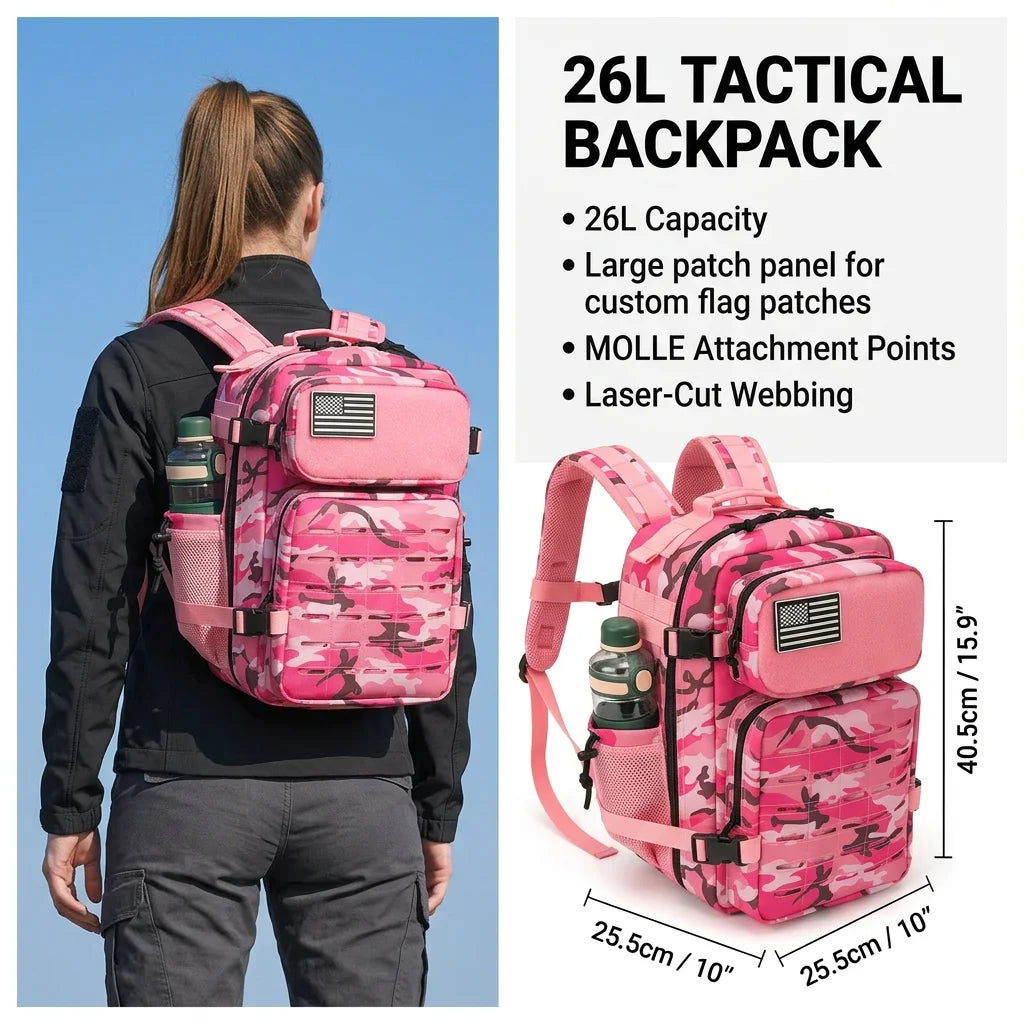 Tactical Travel Backpack with Front Webbing Panels and Side Bottle Pockets