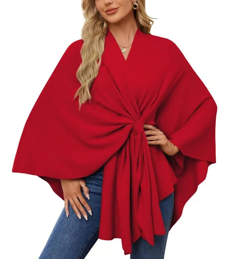 Ribbed Open Front Drape Poncho for Layering over Outfits