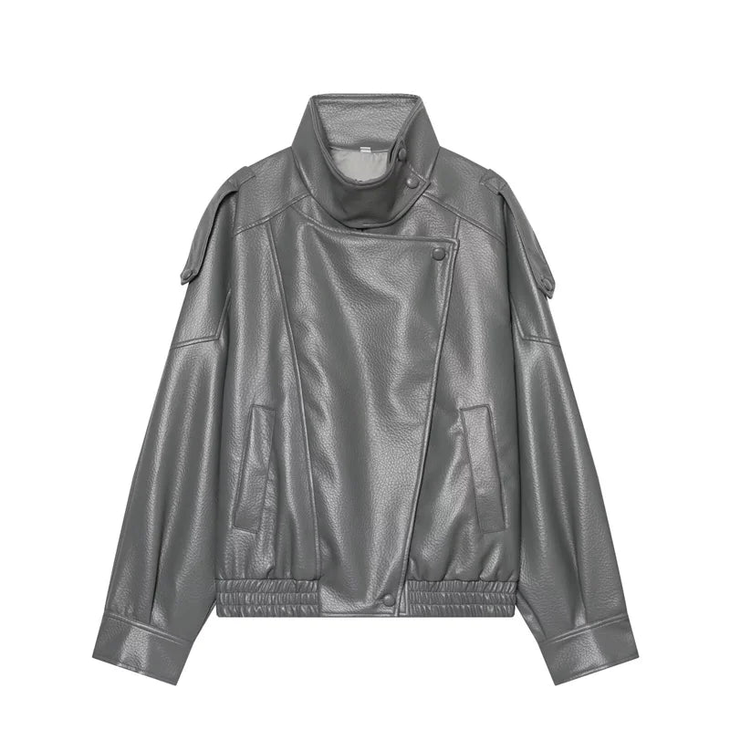 Women's Stand Collar Faux Leather Jacket for Layered Outfits
