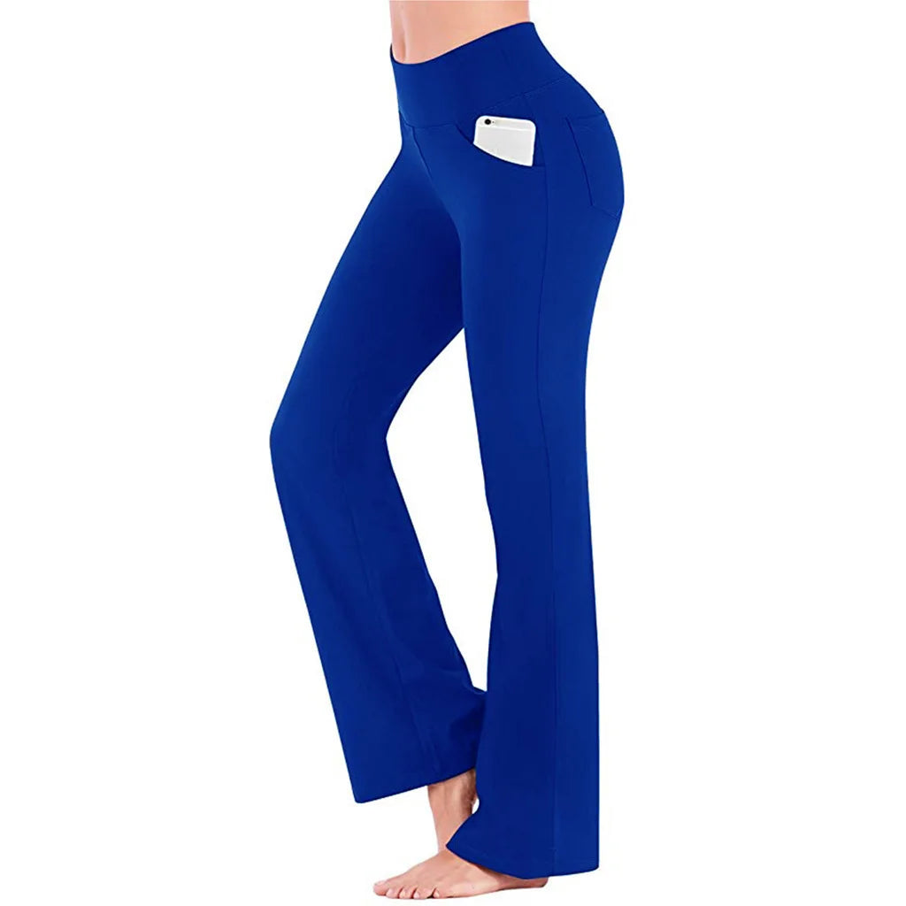 Women's High Waist Polyester Flared Workout Pants with Side Pockets