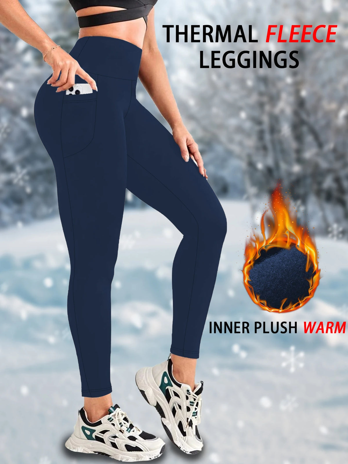 Women's High-Waist Fleece-Lined Leggings with Side Pockets
