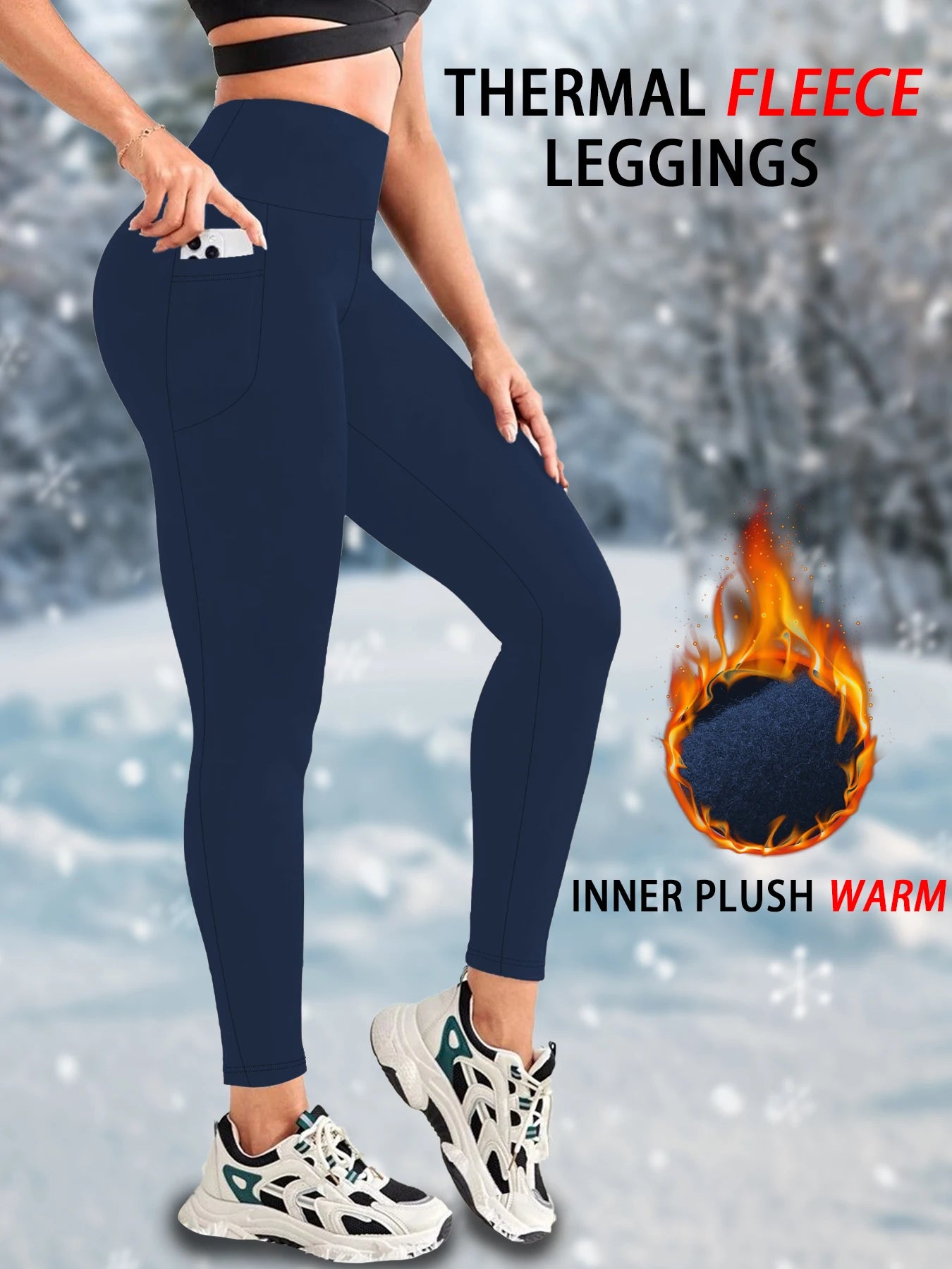 Women's High-Waist Fleece-Lined Leggings with Side Pockets