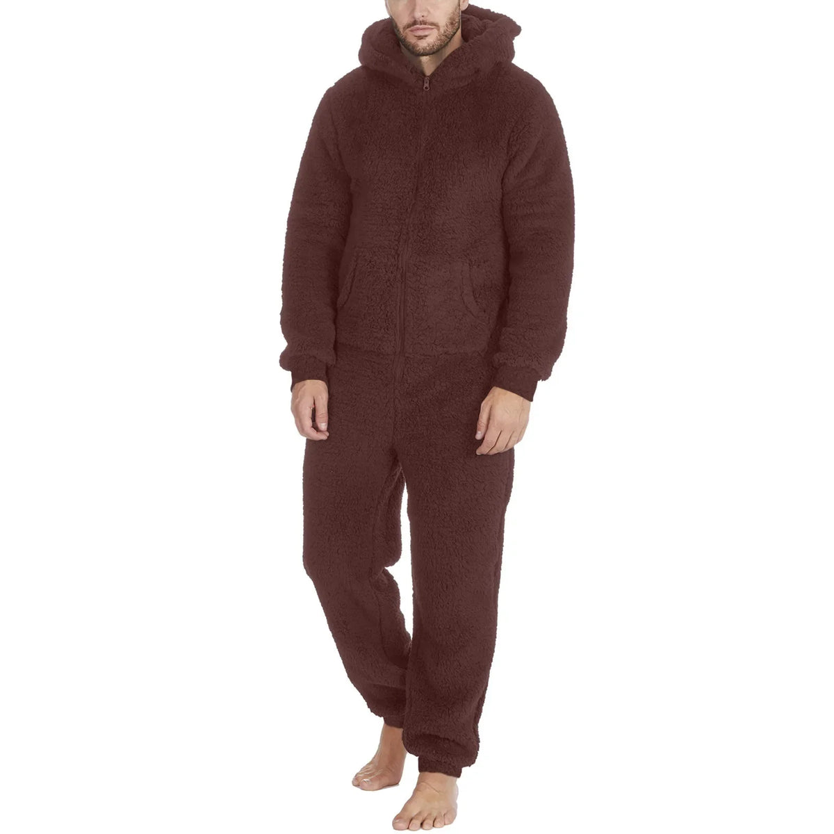 Men's Hooded Zip Front Long Sleeve Plush Pajama Jumpsuit