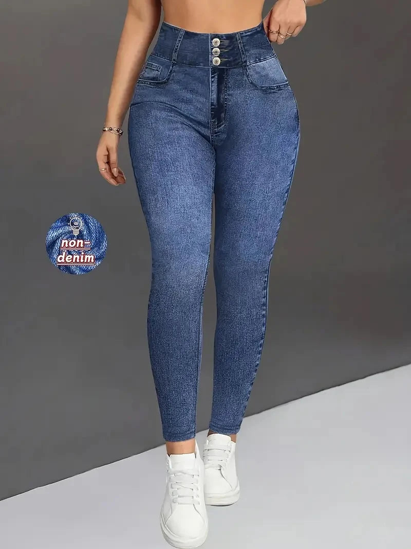 Women's High-Waist Denim-Print Stretch Ankle-Length Leggings