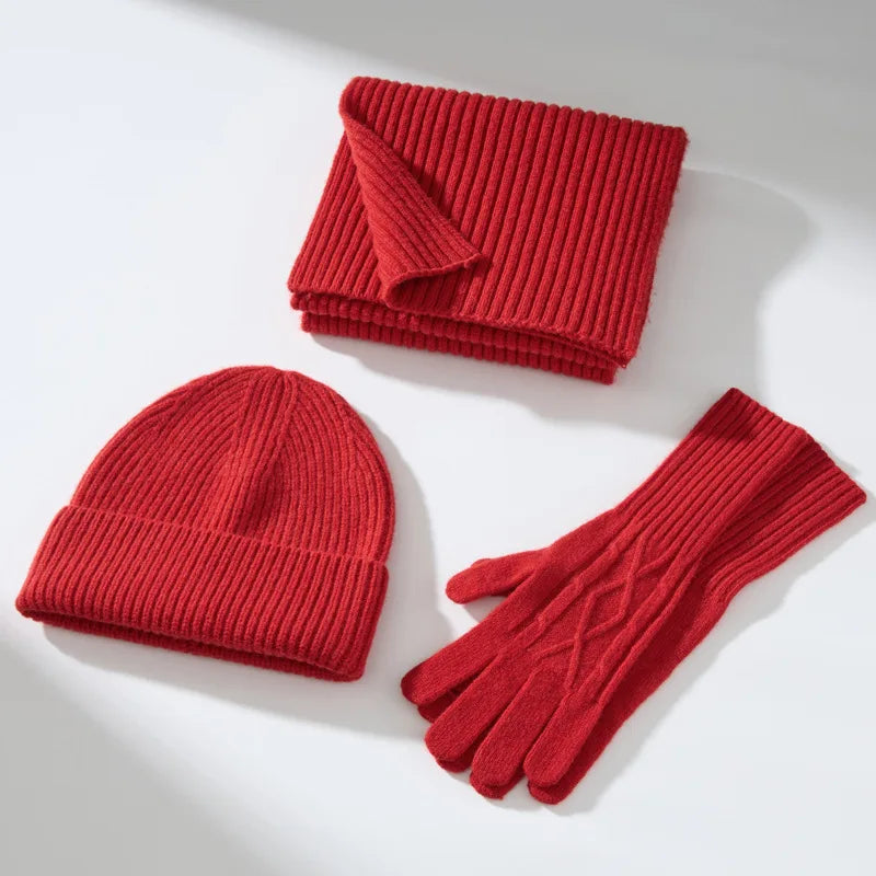 Ribbed Knitted Beanie Hat Scarf and Gloves Set for Winter Wear
