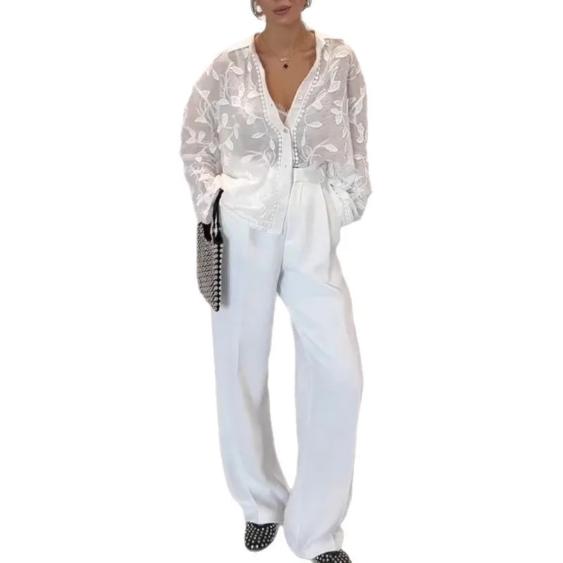 Women's Embroidered Sheer Long Sleeve Shirt