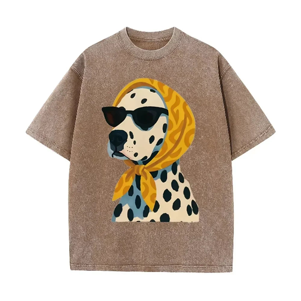 Distressed Vintage Washed Tee Stylish Cool Dalmatian Cartoon Animal Print Loose Fit Short Sleeve T Shirts
