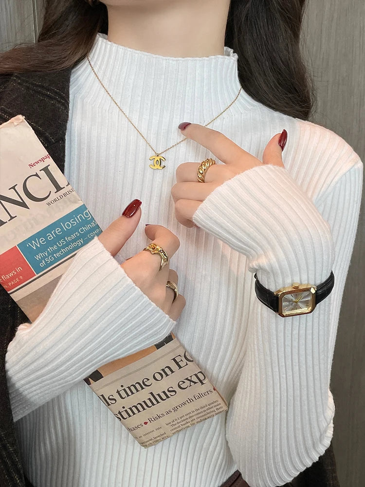 Women's Ribbed Mock Neck Long Sleeve Sweater Casual Knit Layer