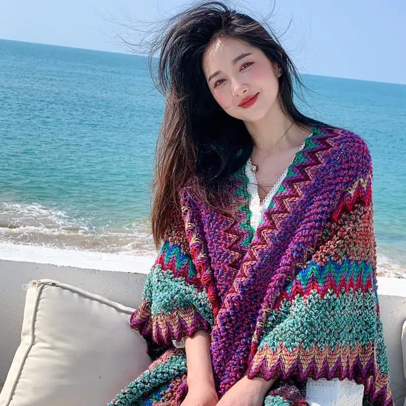 Zigzag Knit Fringe Poncho for Layering over Outfits
