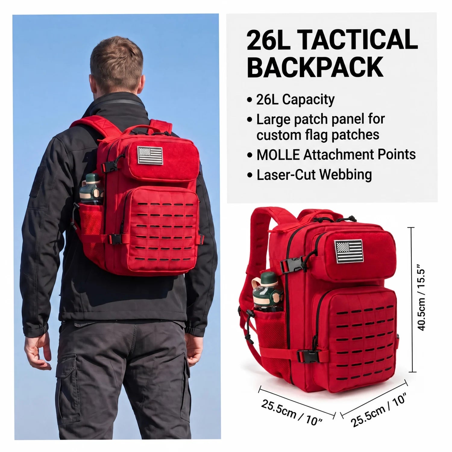 Tactical Travel Backpack with Front Webbing Panels and Side Bottle Pockets