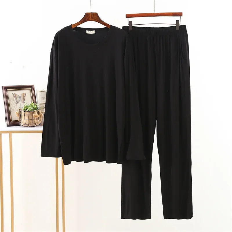 Men's Solid Crew Neck Long Sleeve Top and Pants Pajama Set