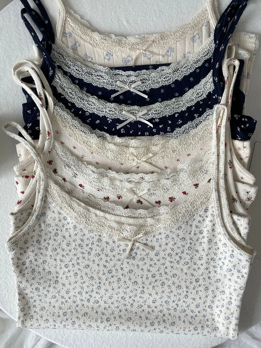 Women's Lace Trim Cotton Camisole with Bow Detail and Multiple Pattern Options