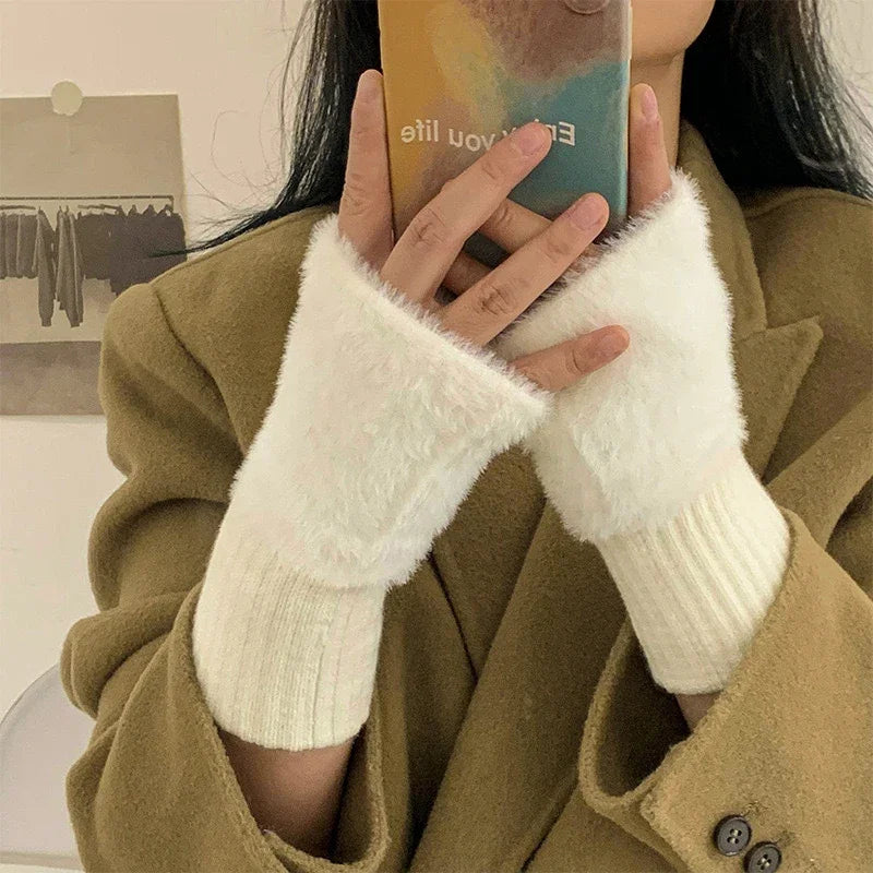 Plush Fingerless Gloves with Ribbed Knit Wrist Cuffs