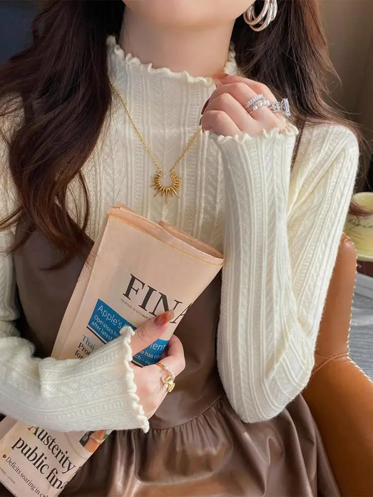 Women's Lettuce Trim Mock Neck Ribbed Sweater Casual Knit Layer