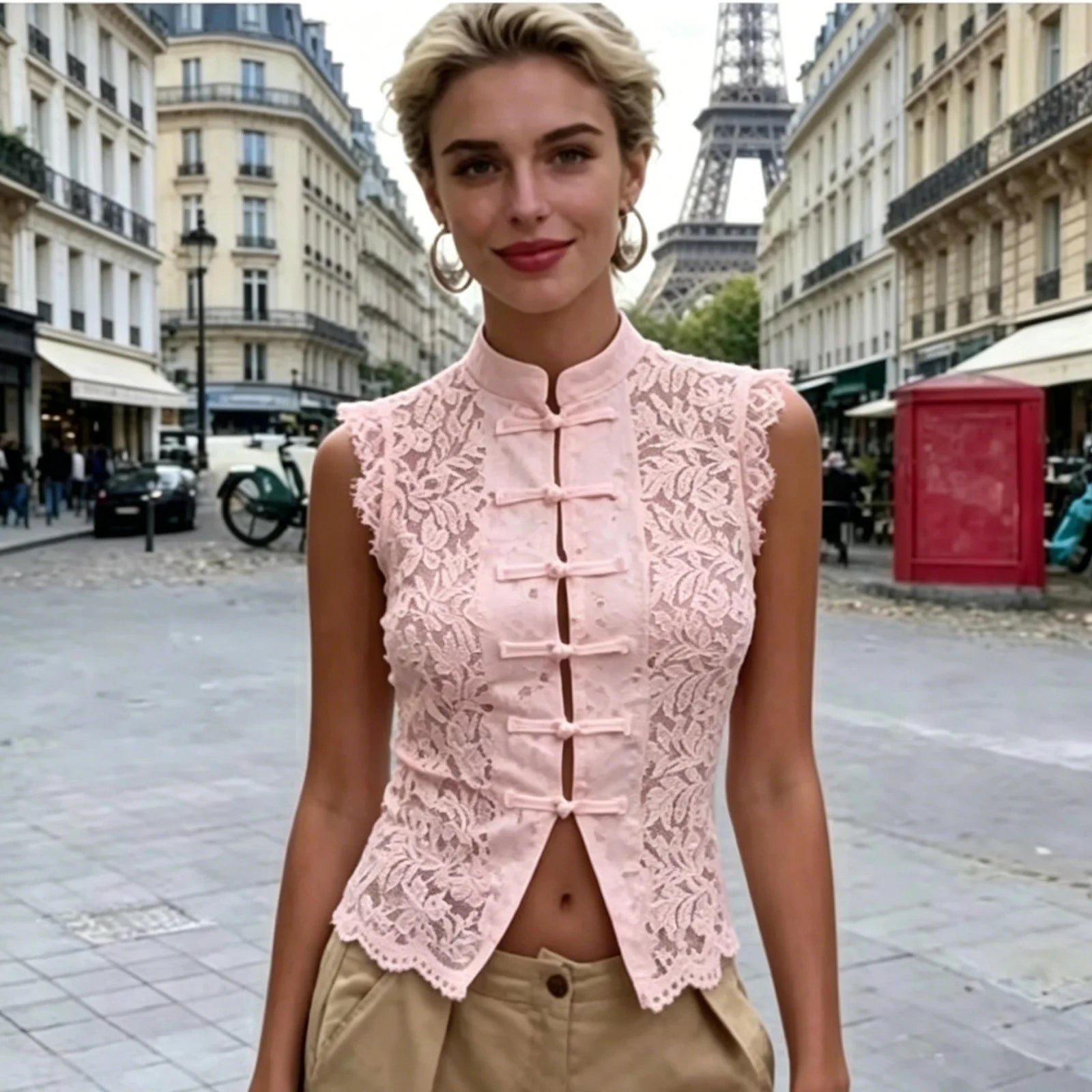 Women's Sleeveless Lace Vest with a Traditional Frog-Button Front Closure